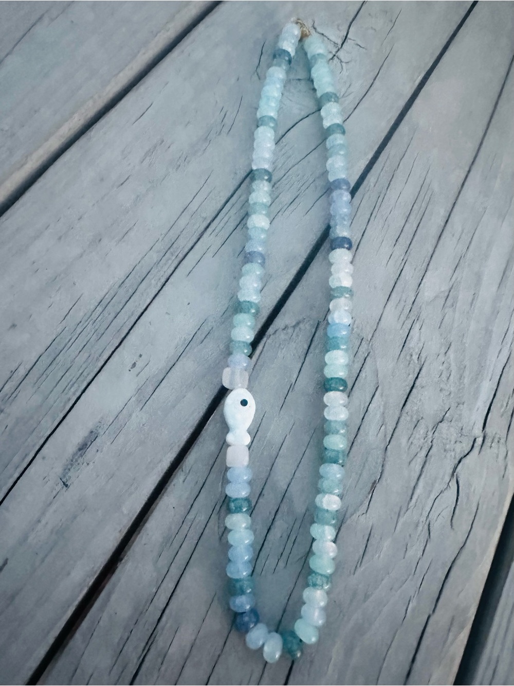 Sea Glass Handbeaded Necklace in Aqua and Pale Blue with ceramic fish charm